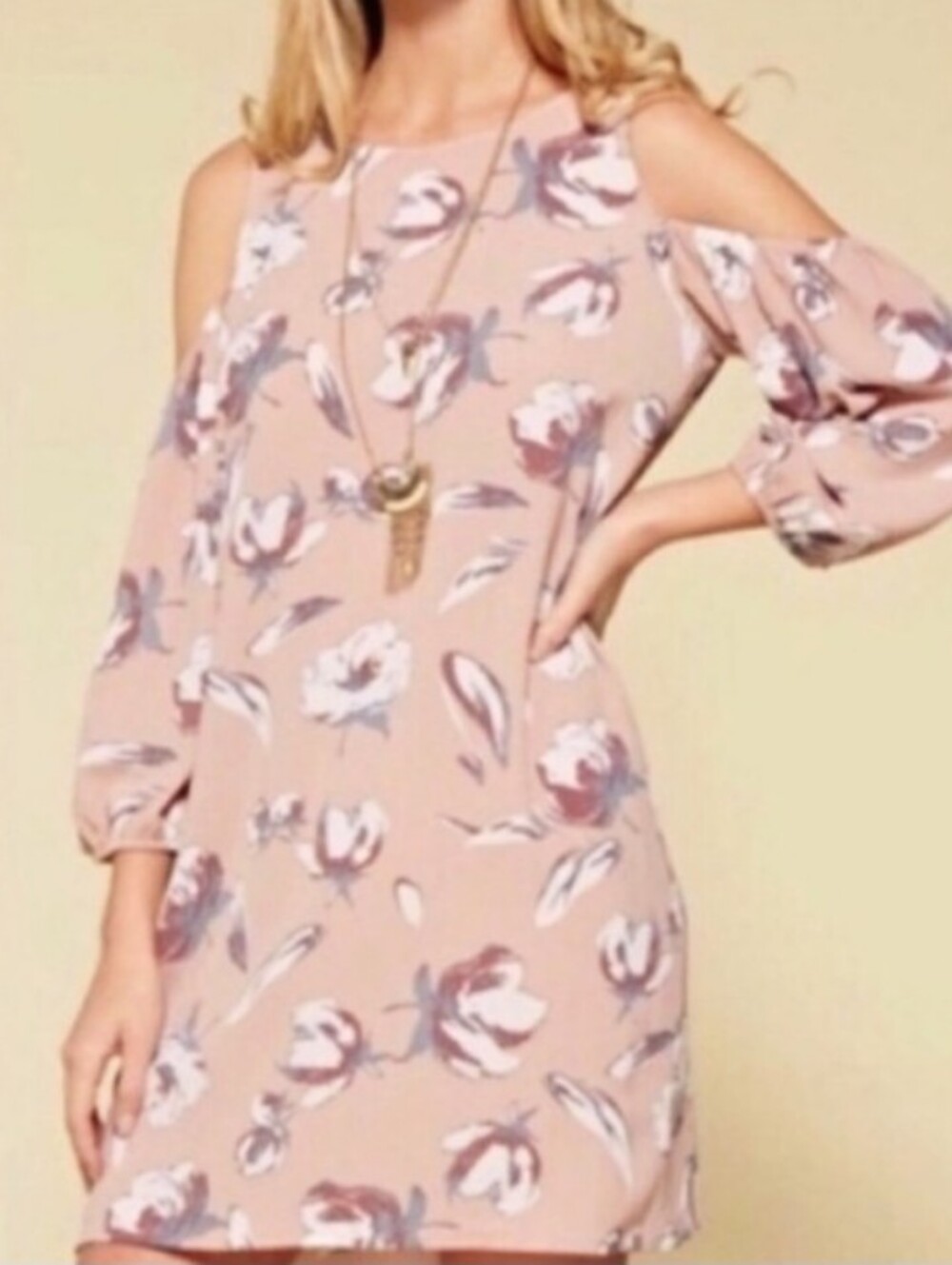 NWOT Boho Cold-Shoulder Floral Shift Dress in Blush Pink